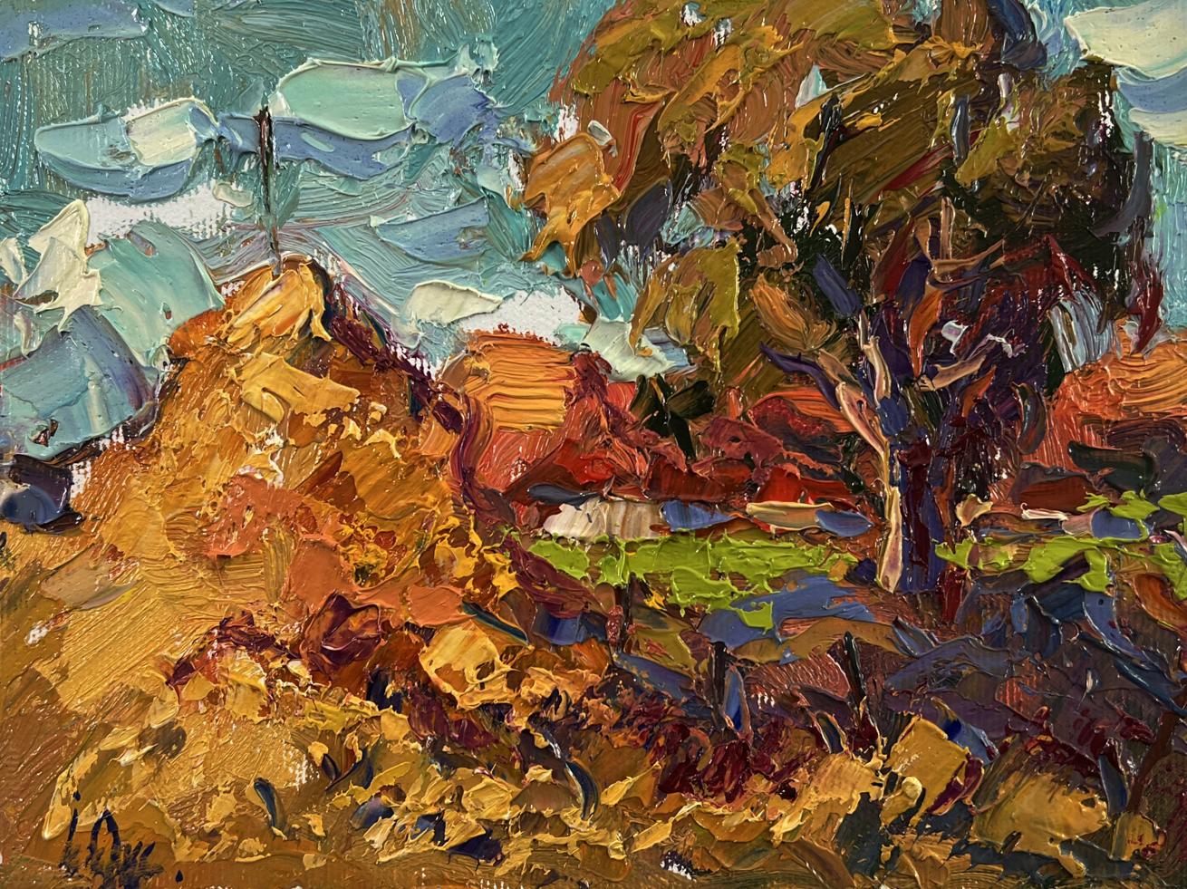 Impasto oil painting Autumn evening by Oksana Ivanyuk with textured earthy tones