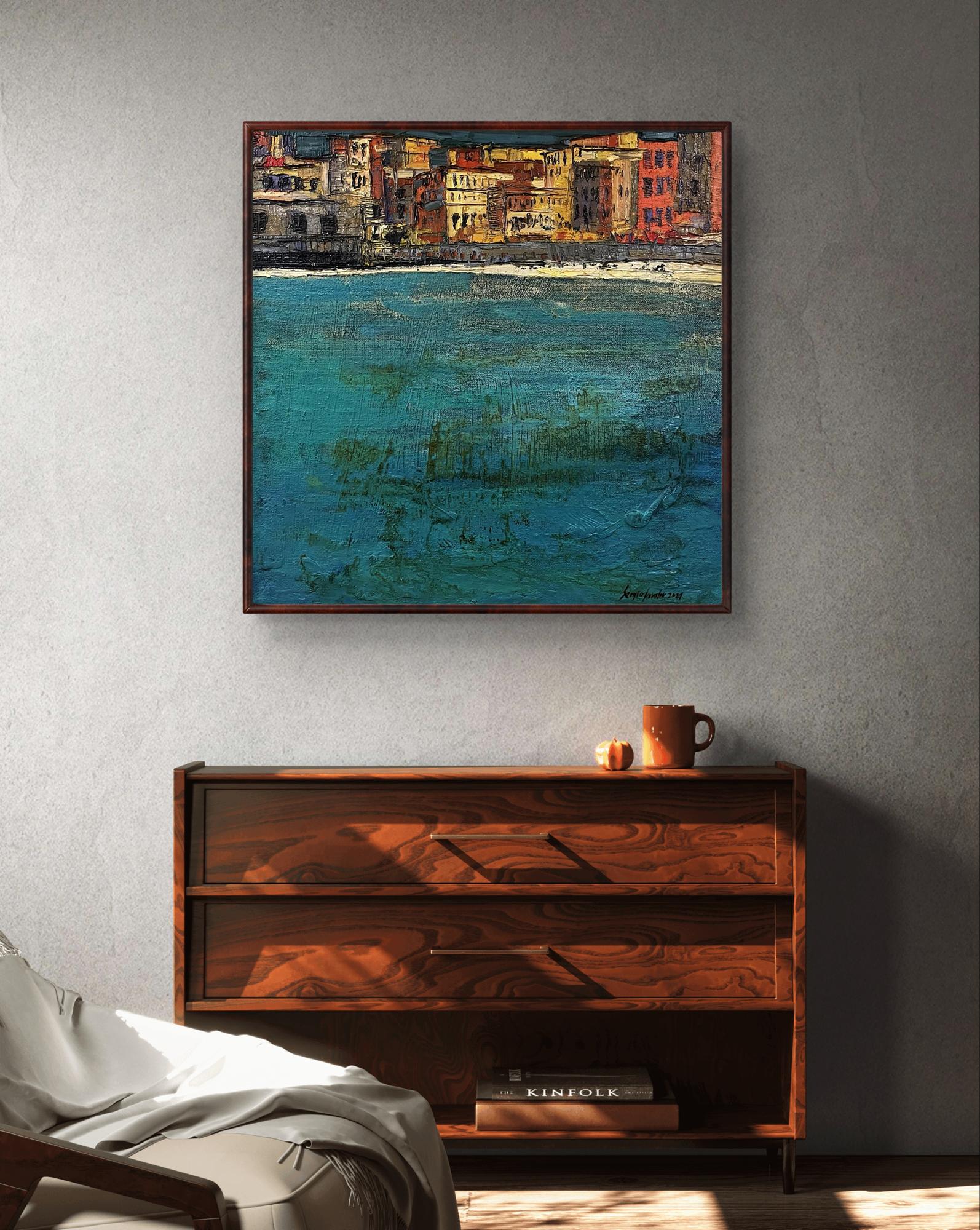 Oil painting Eternal by Serhiy Kovalev: coastal town in warm tones above turquoise water