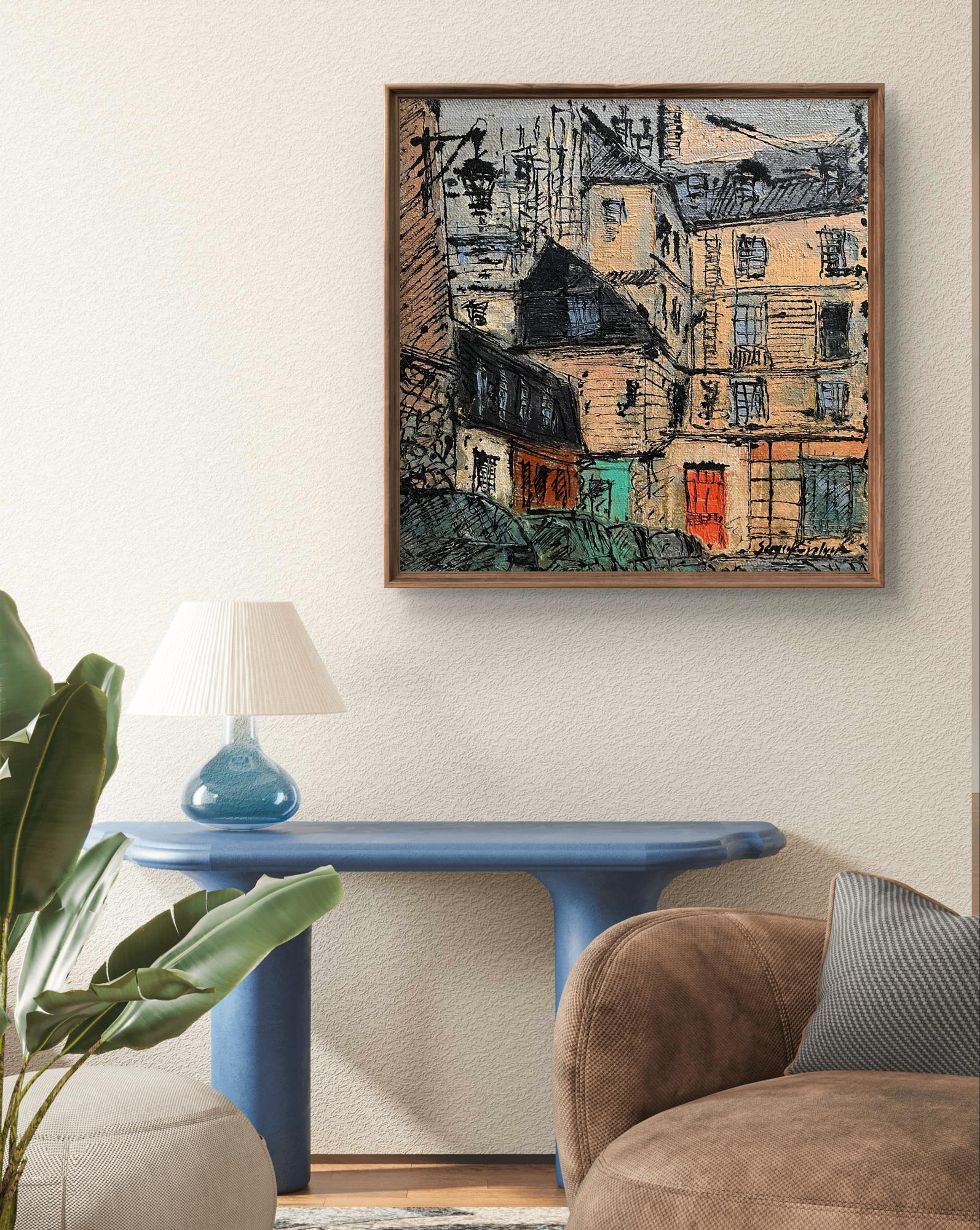Oil painting Parisian comfort by Serhiy Kovalev: abstract cityscape with red door