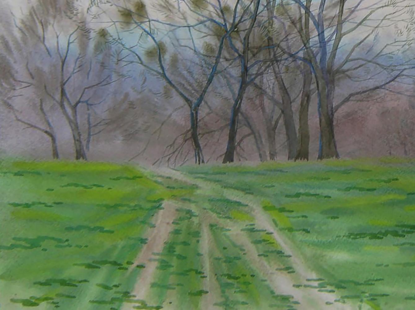 Watercolor painting of misty spring meadow forest path by Valery Savenets