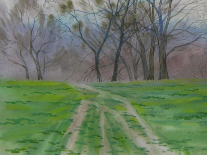 Watercolor painting of misty spring meadow forest path by Valery Savenets