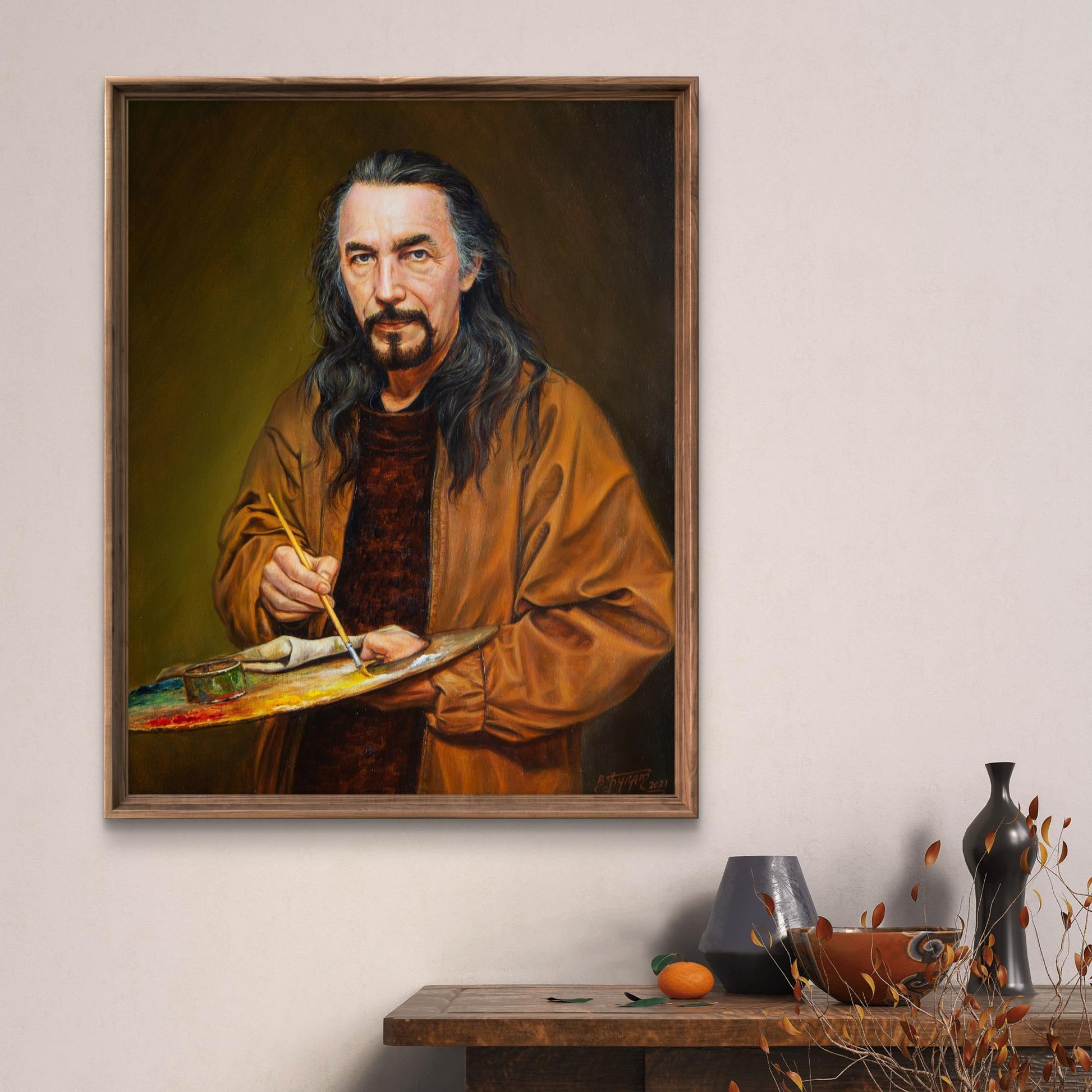Oil painting of artist at work by Valeriy Bulat, framed portrait