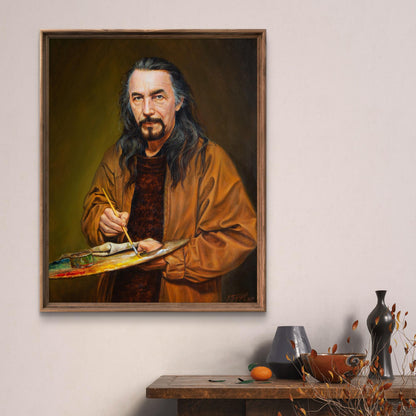 Oil painting of artist at work by Valeriy Bulat, framed portrait