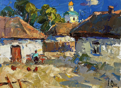 Vibrant impressionist oil painting Warmth in the yard by Oksana Ivanyuk