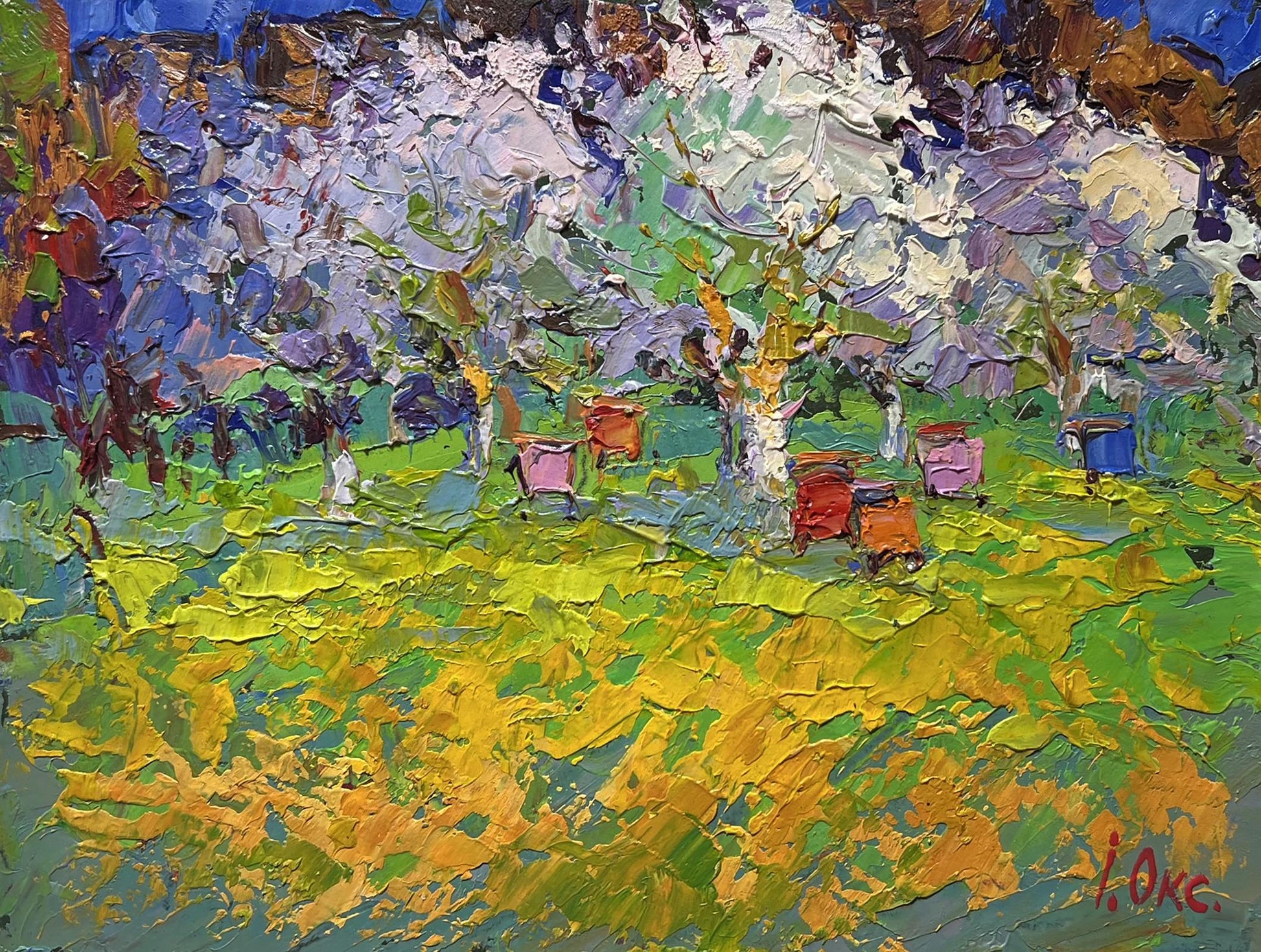 Vibrant impressionist oil painting Spring apiary by Oksana Ivanyuk