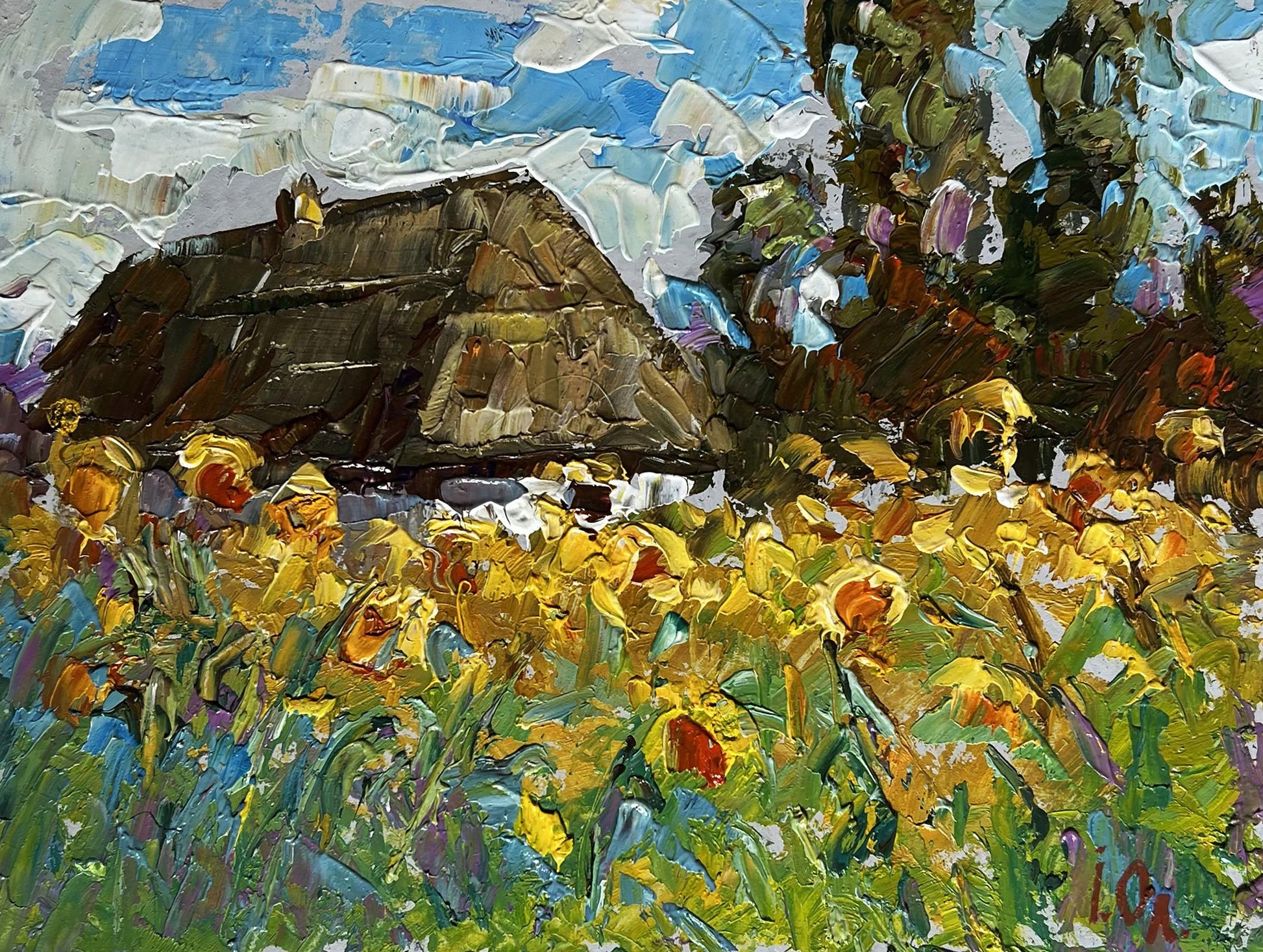 Oil painting of rustic thatched cottage and sunflowers by Oleksiy Ivanyuk