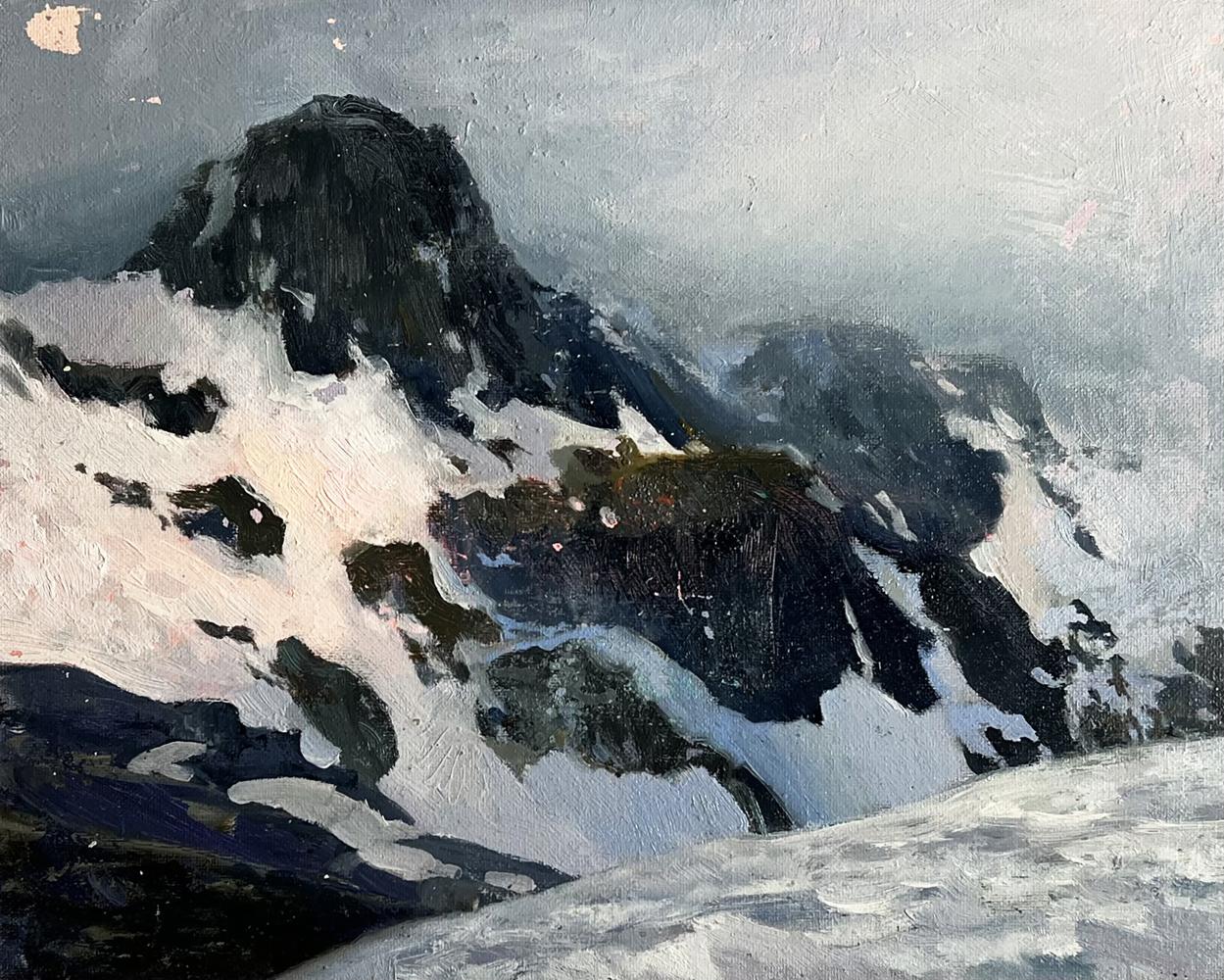 Textured oil painting of snowy mountain peak by Tatyana Derdey