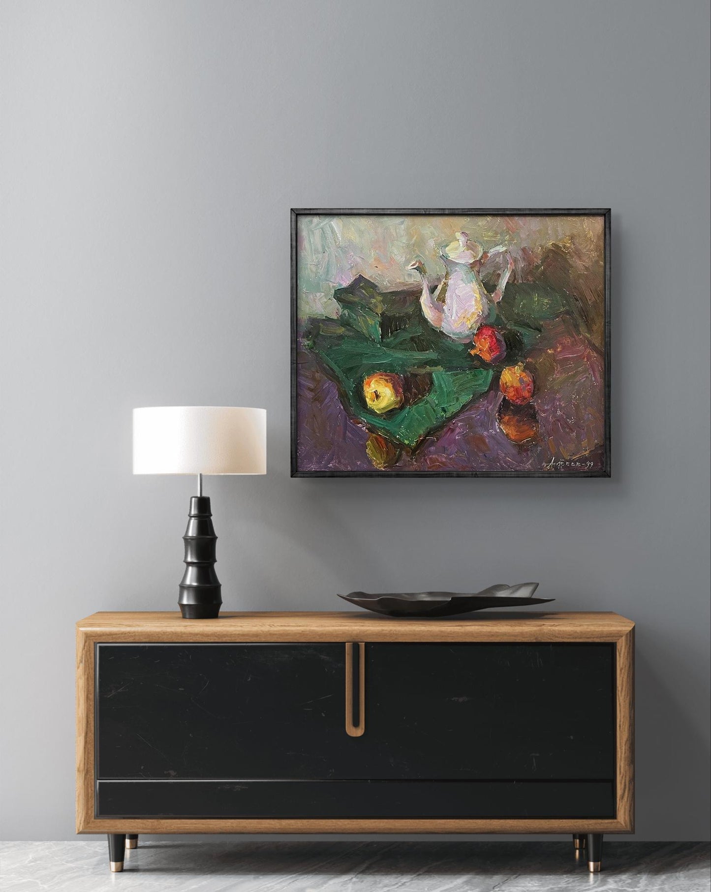 Oil painting Interior Still life with grenades Oleksandr Andreev
