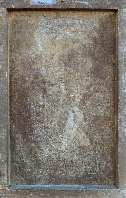 Weathered brown canvas oil painting The girl and the cossack in rustic wooden frame