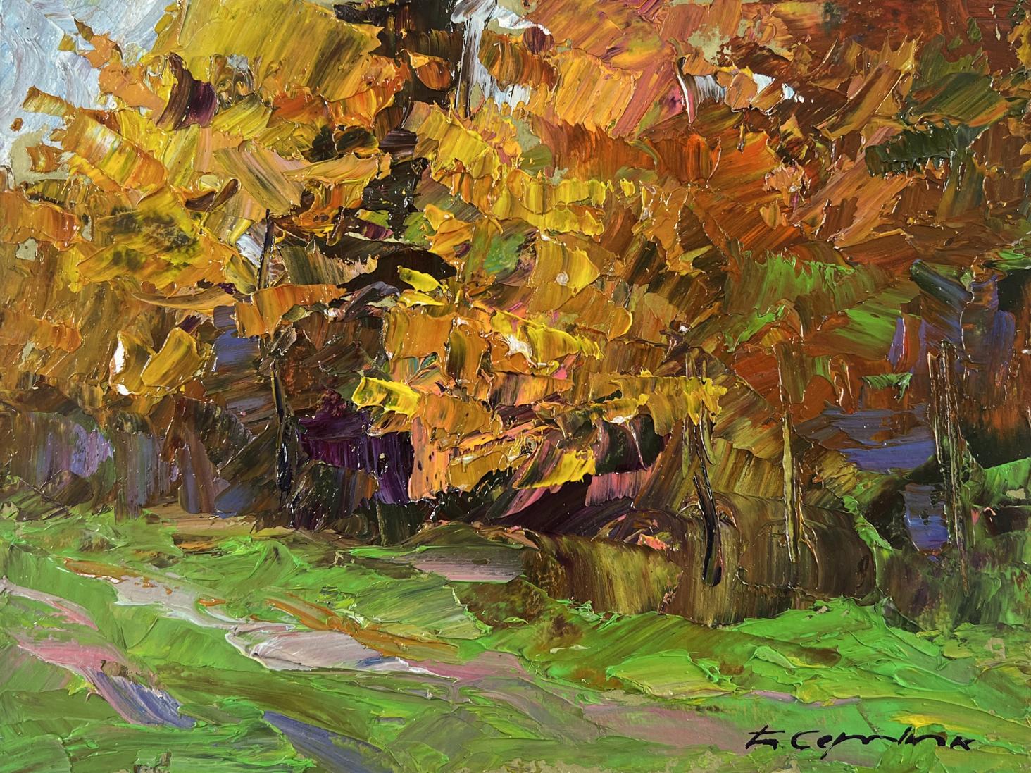 Vibrant impressionistic oil painting Autumn sparkles with gold by Boris Serdyuk