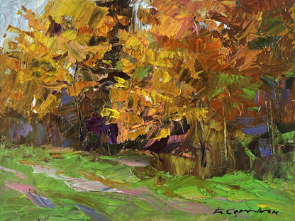 Vibrant impressionistic oil painting Autumn sparkles with gold by Boris Serdyuk