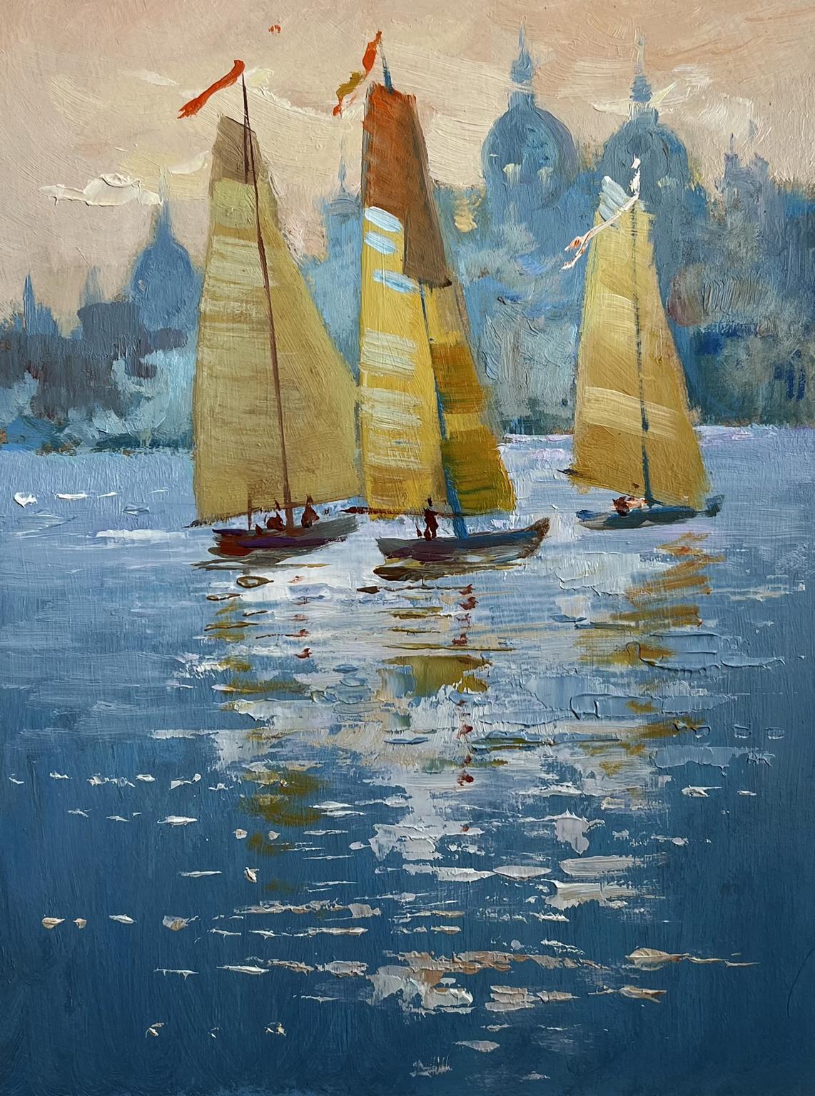 Oil painting of three sailboats with golden sails in evening by Yuriy Suprunchuk