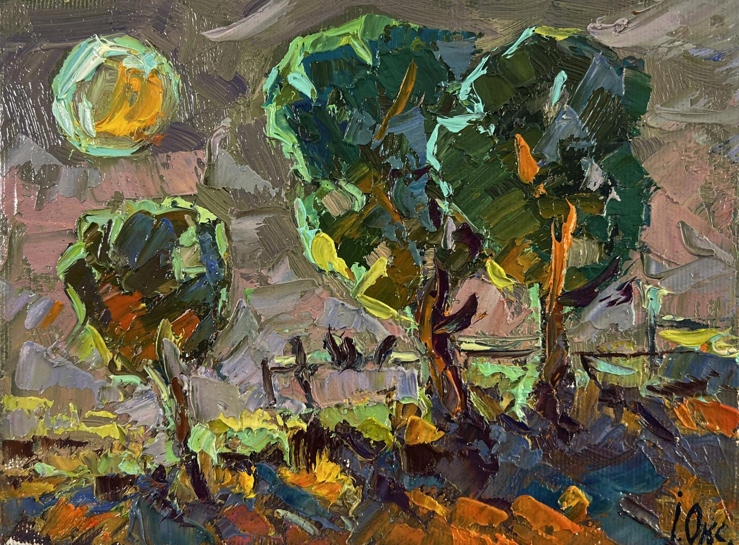 Impasto oil painting of moonlit stylized trees by Oksana Ivanyuk