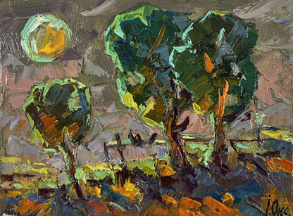 Impasto oil painting of moonlit stylized trees by Oksana Ivanyuk
