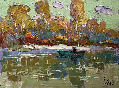 Oil painting Early autumn has arrived by Oksana Ivanyuk, teal boat on reflective water