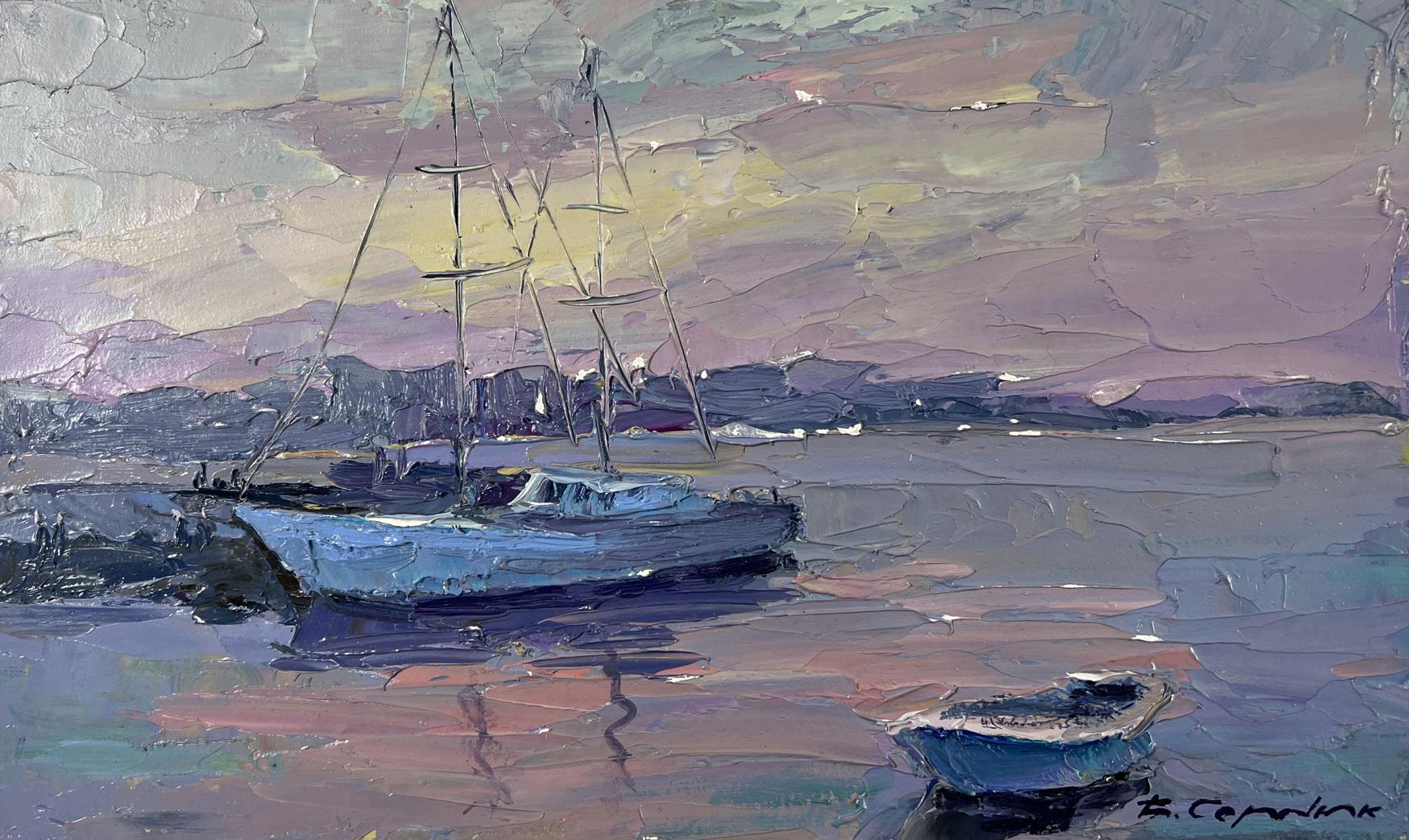 Serene impressionistic oil painting of Boris Serdyuk yacht in evening sky colors