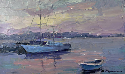 Serene impressionistic oil painting of Boris Serdyuk yacht in evening sky colors