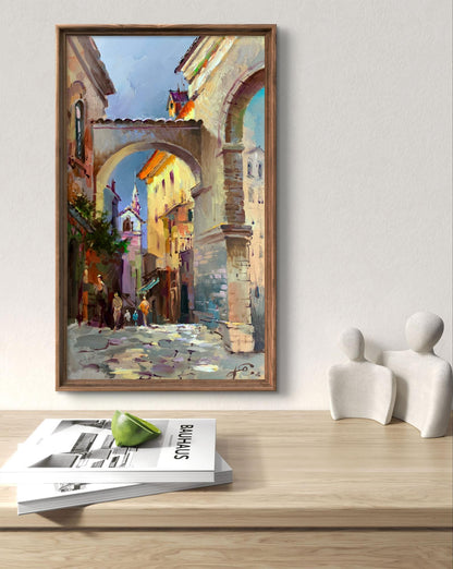 Framed oil painting of sunlit old city streets by Yuriy Suprunchuk