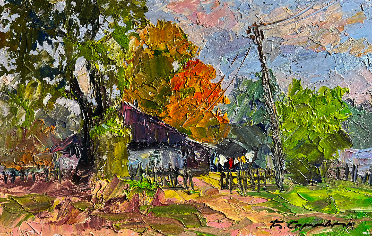 Vibrant impressionist painting of autumn countryside barn by Boris Serdyuk