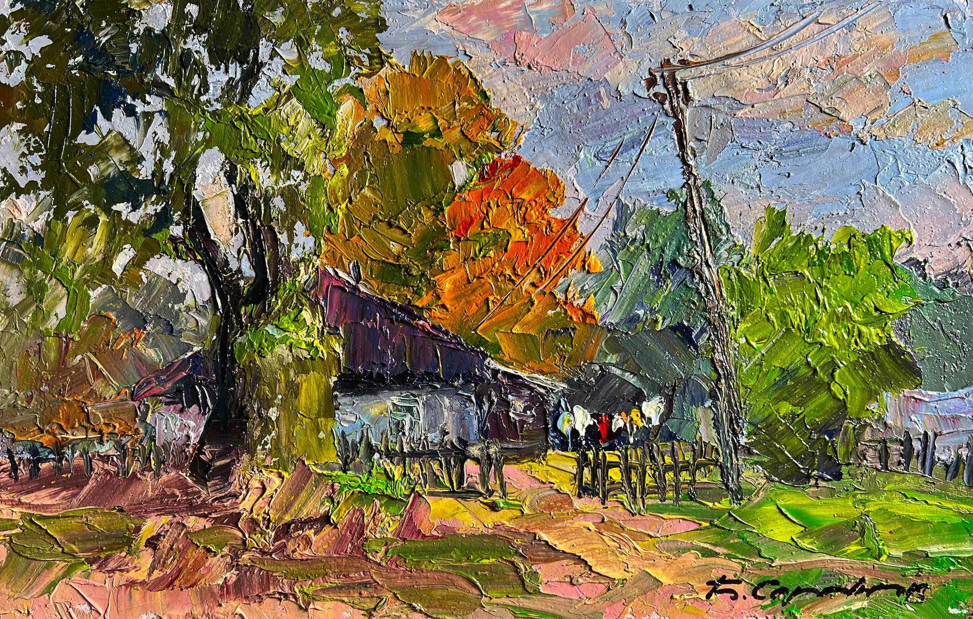 Vibrant impressionist painting of autumn countryside barn by Boris Serdyuk