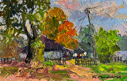 Vibrant impressionist painting of autumn countryside barn by Boris Serdyuk