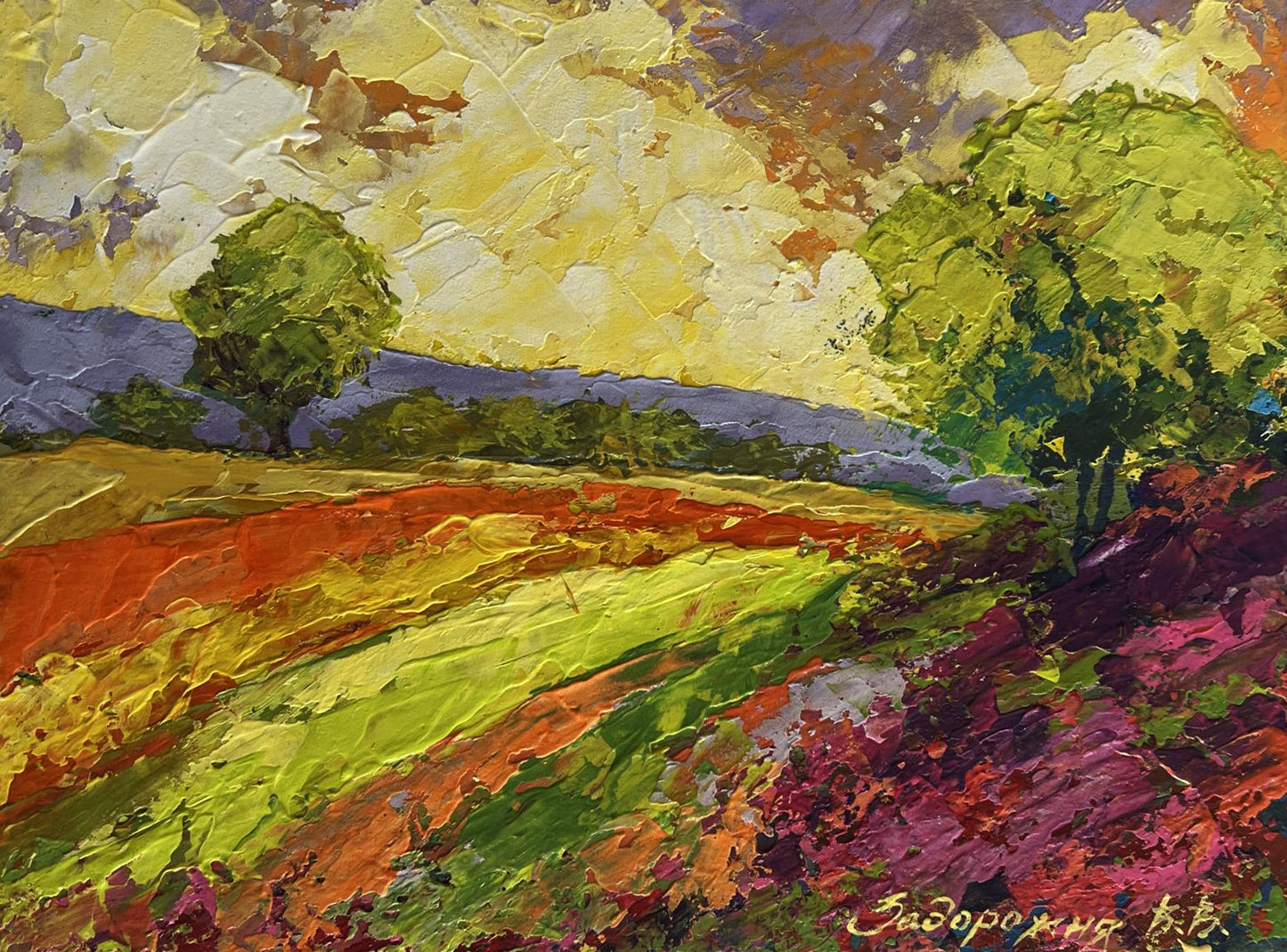 Vibrant impressionist oil painting of flower meadows at sunset by V. Zadorozhnya