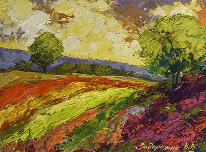 Vibrant impressionist oil painting of flower meadows at sunset by V. Zadorozhnya
