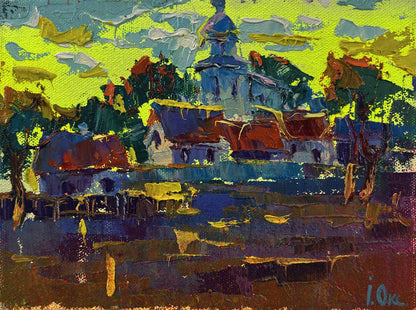 Vibrant impressionist oil painting by Oksana Ivanyuk of morning village with colorful rooftops