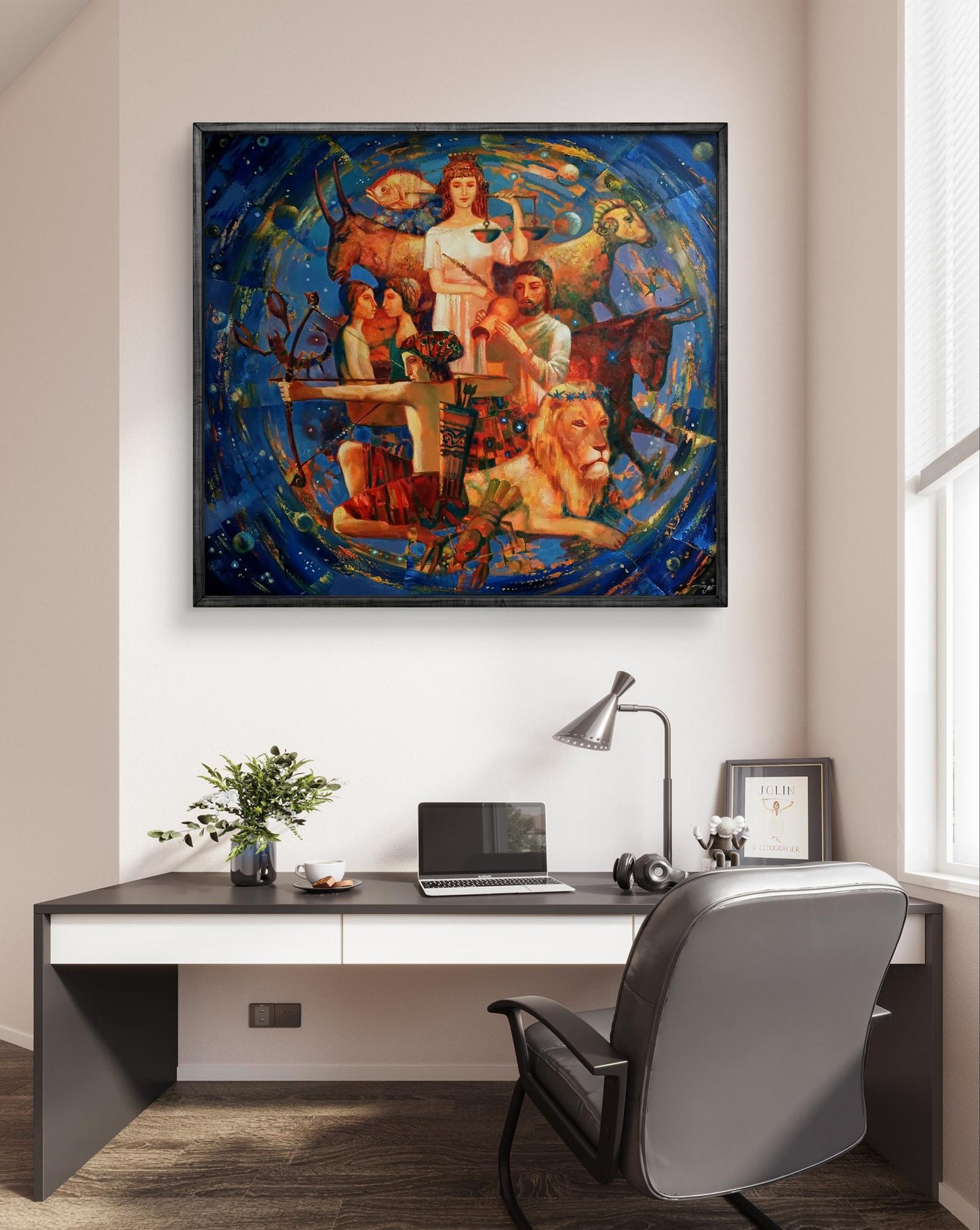 Abstract oil painting Signs of the Zodiac by Anatoly Tarabanov on cosmic blue wall