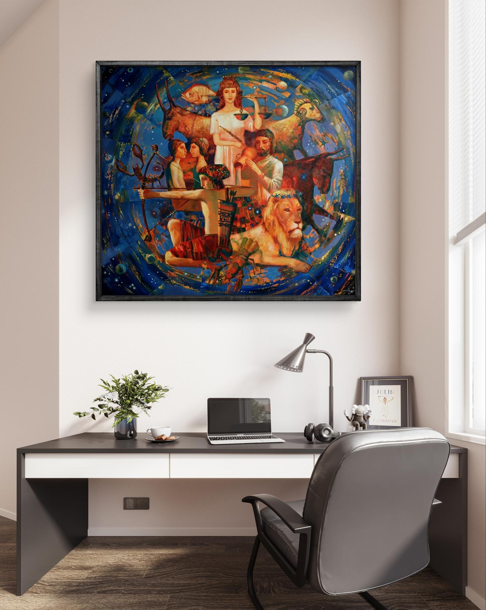 Abstract oil painting Signs of the Zodiac by Anatoly Tarabanov on cosmic blue wall