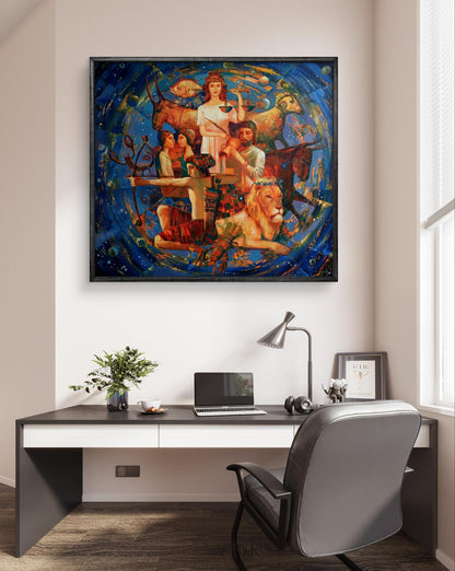 Abstract oil painting Signs of the Zodiac by Anatoly Tarabanov on cosmic blue wall