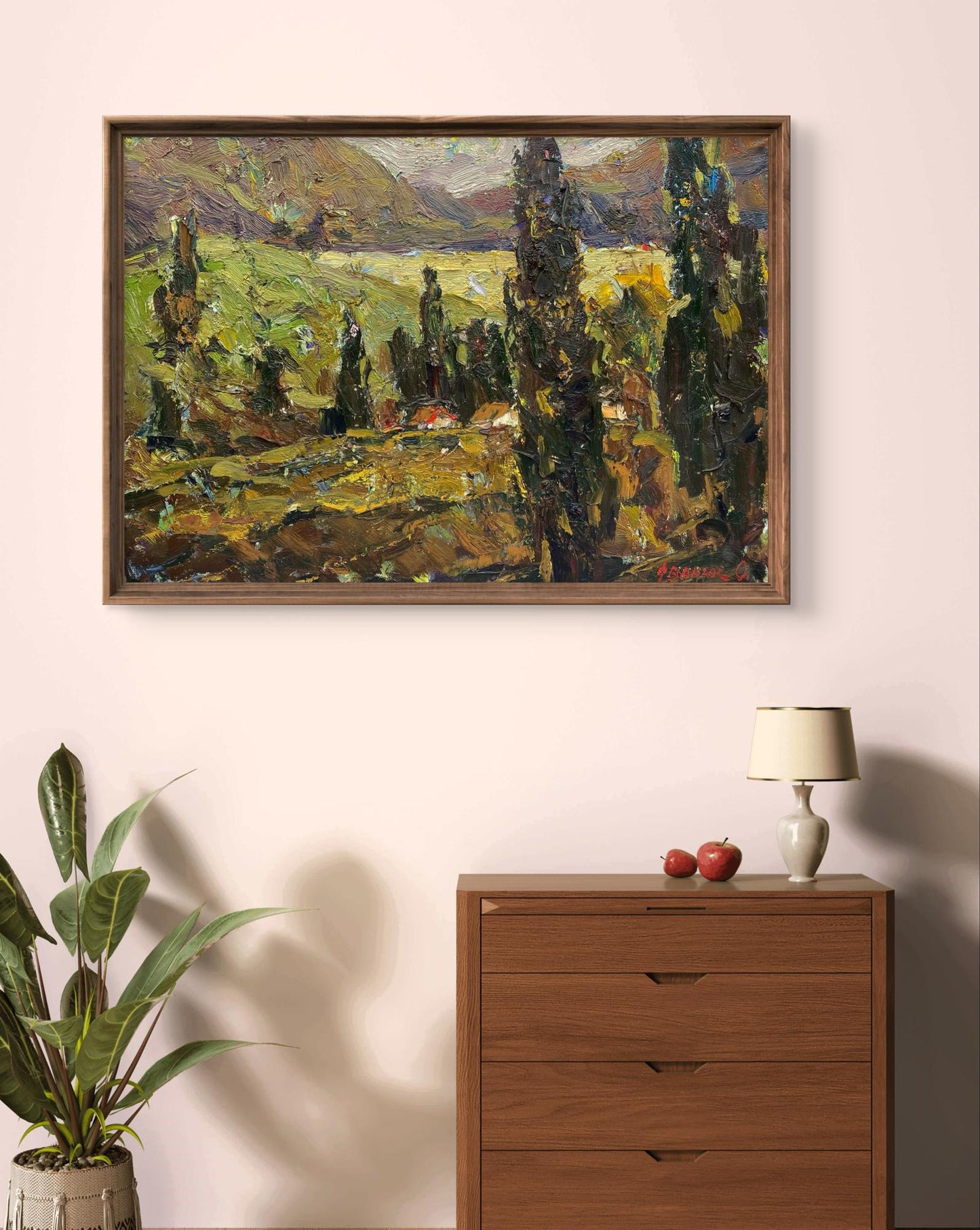Oil painting Evening in the Mountains by Oleksiy Ivanyuk lush hills cypresses