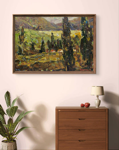 Oil painting Evening in the Mountains by Oleksiy Ivanyuk lush hills cypresses