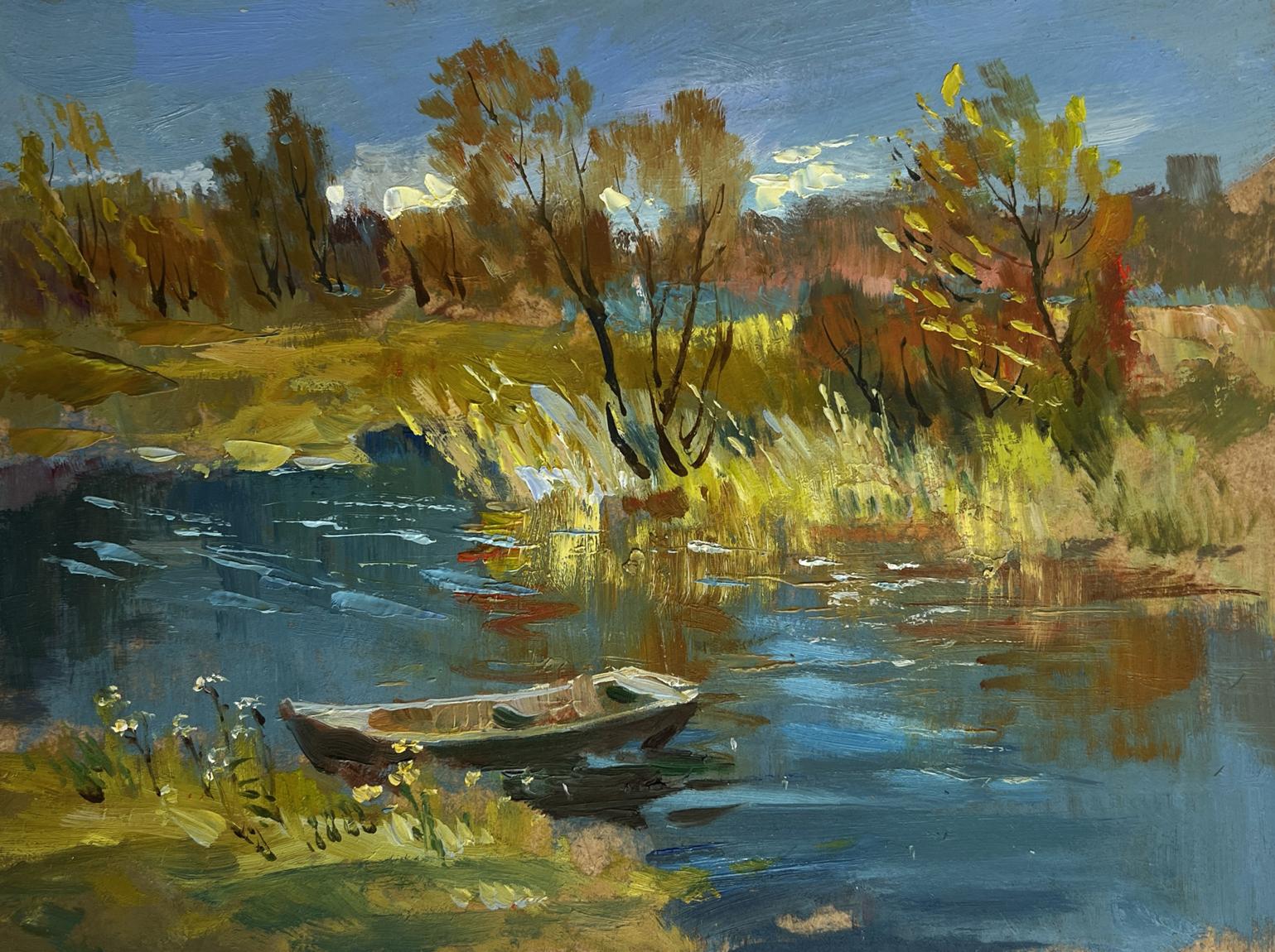Oil painting of weathered rowboat on calm river in golden foliage by Yuriy Suprunchuk