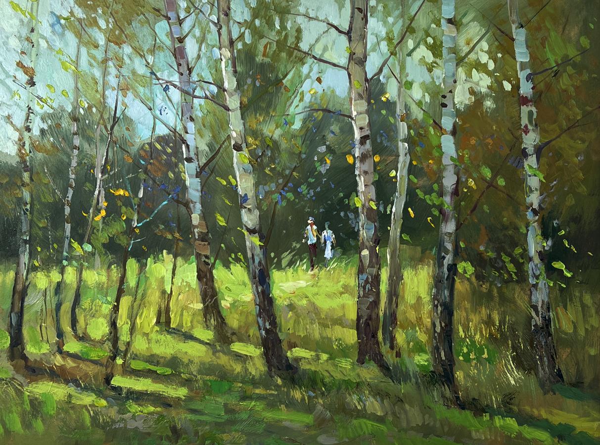 Vibrant impressionist oil painting A Walk Among the Birches by Yuriy Suprunchuk