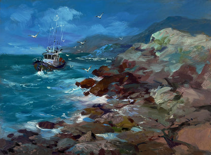 Oil painting by Yuriy Suprunchuk: boat on rocky seashore in stormy sea