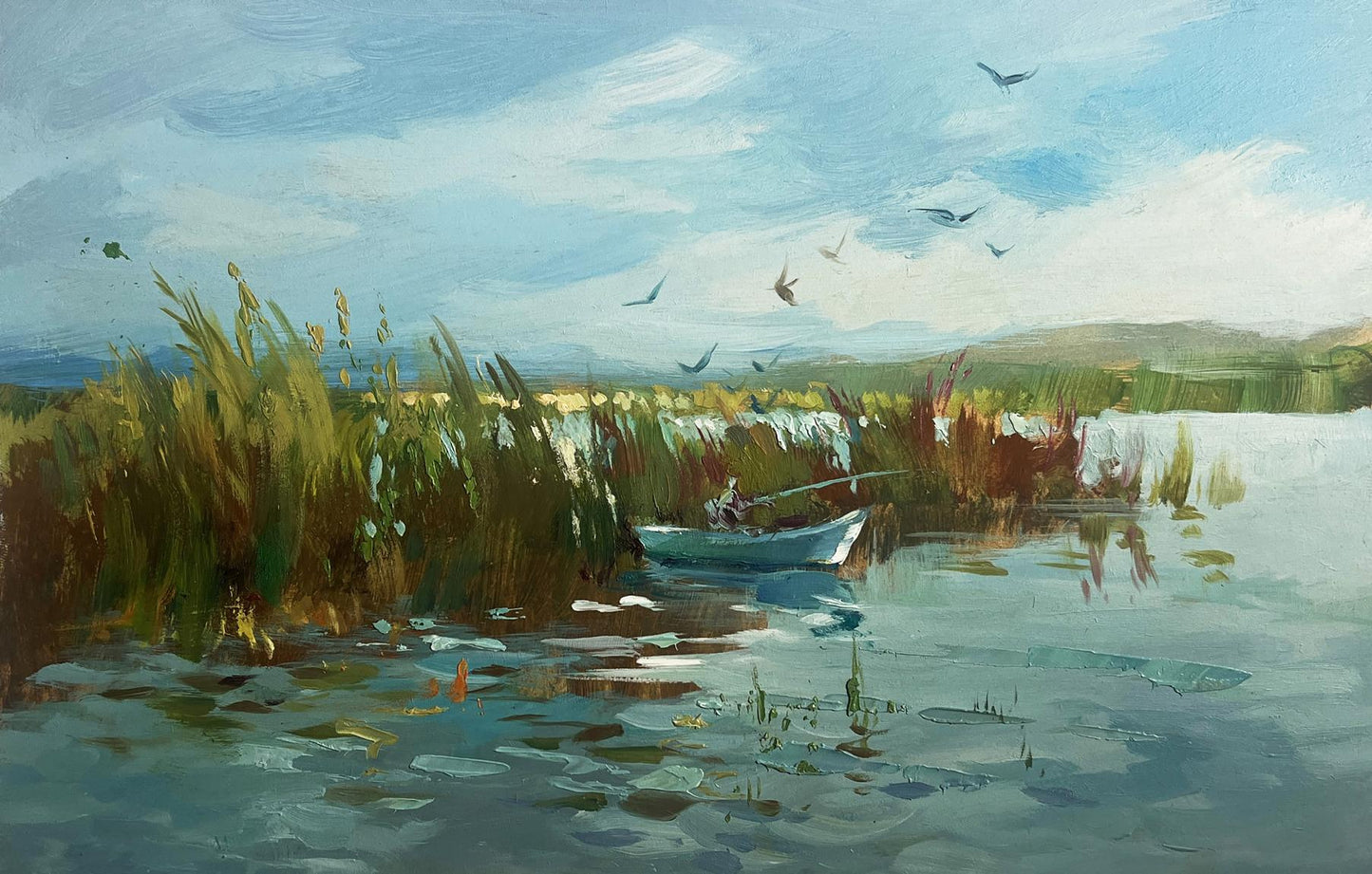 Oil painting of small blue rowboat fishing among reeds by Yuriy Suprunchuk
