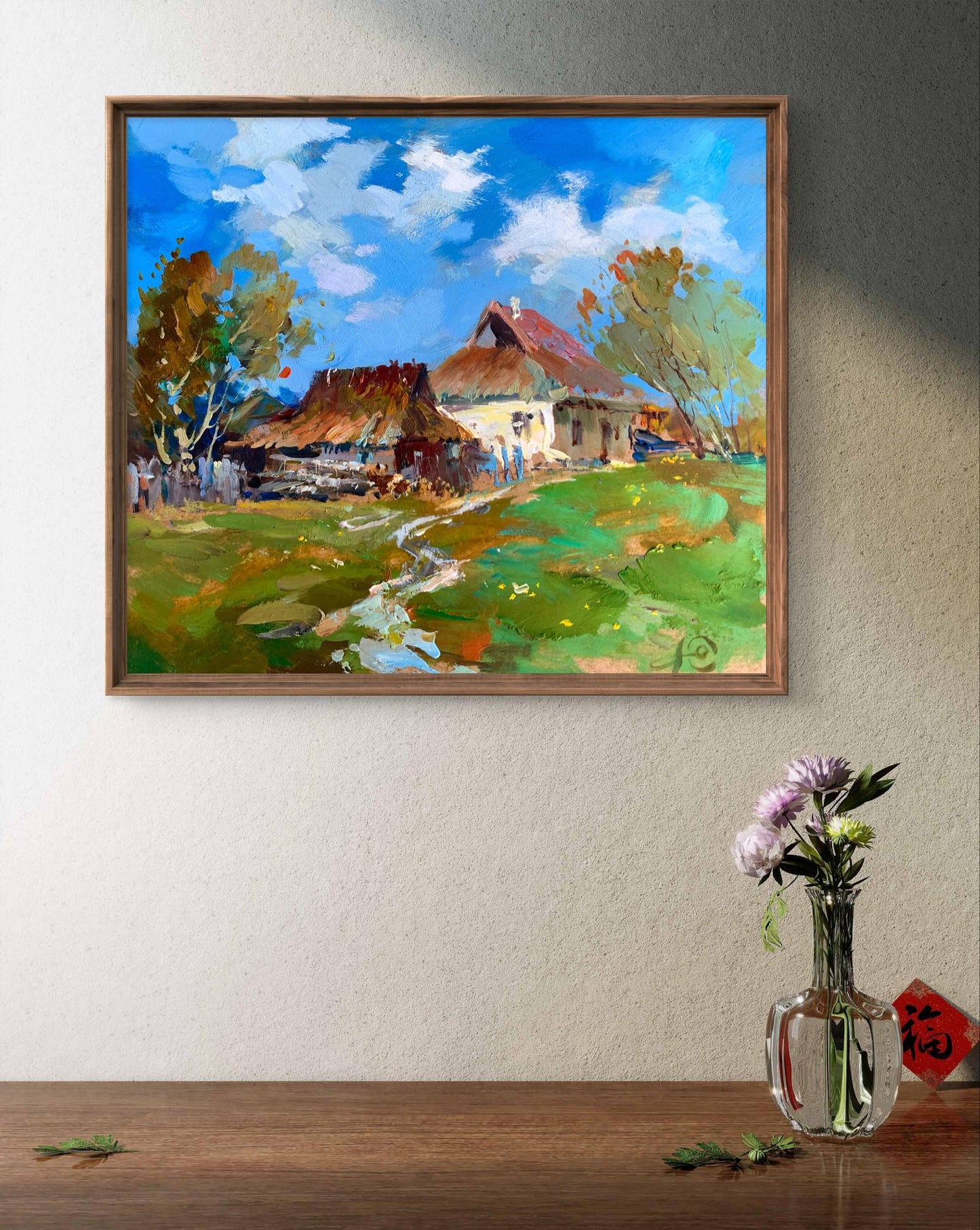 Oil painting Village tranquility by Yuriy Suprunchuk, rustic cottages