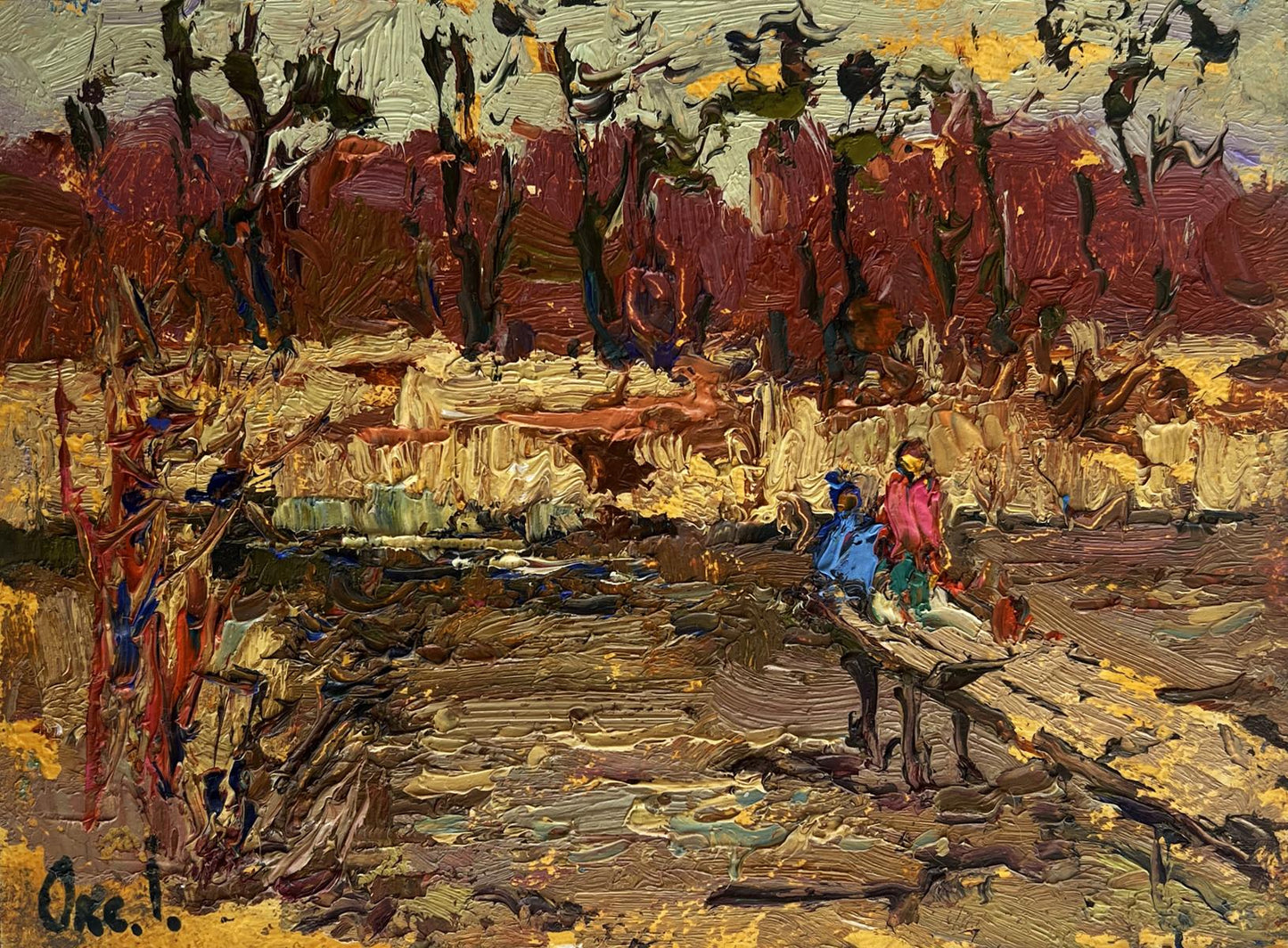 Impressionistic oil painting On the autumn river by Oksana Ivanyuk