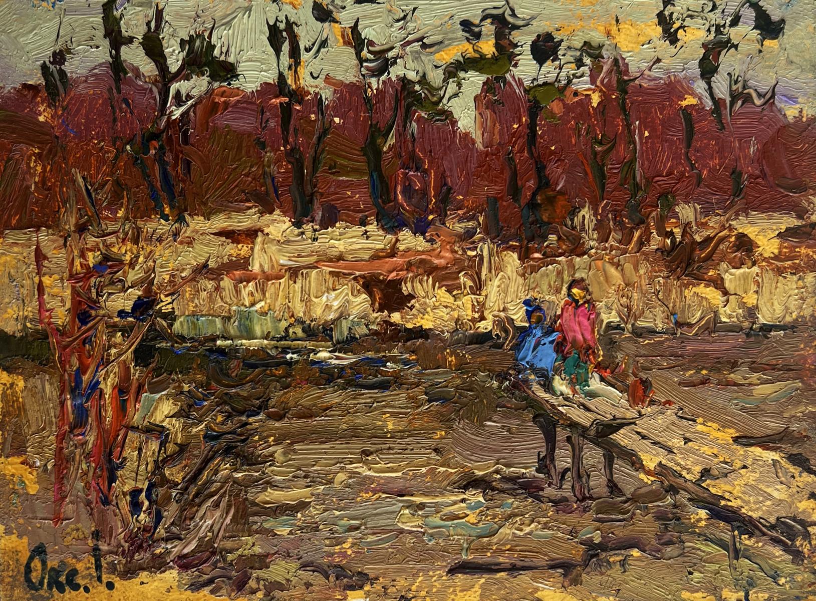 Impressionistic oil painting On the autumn river by Oksana Ivanyuk