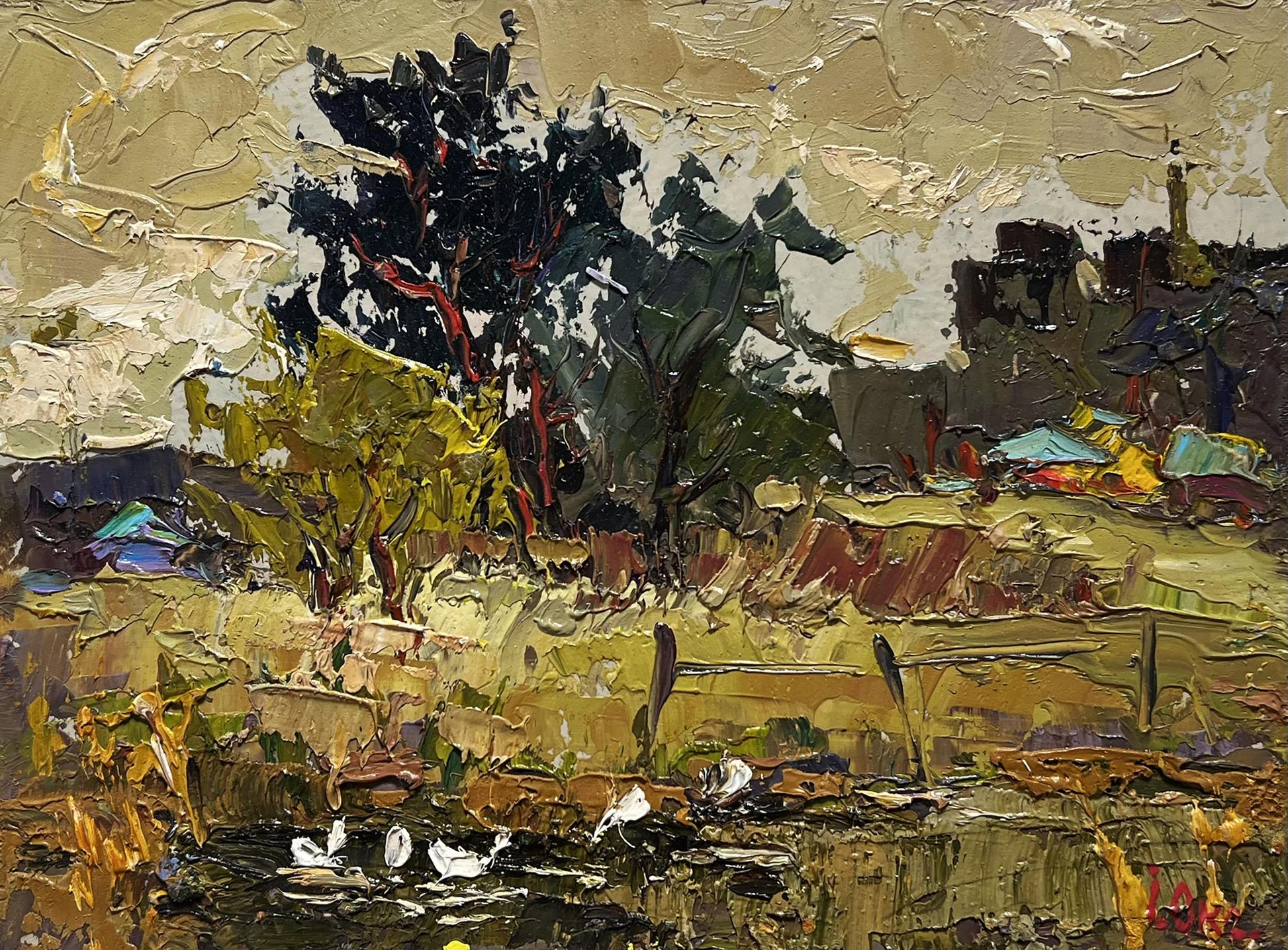 Impasto oil painting Ducks in the lake by Oksana Ivanyuk with gold, green, black