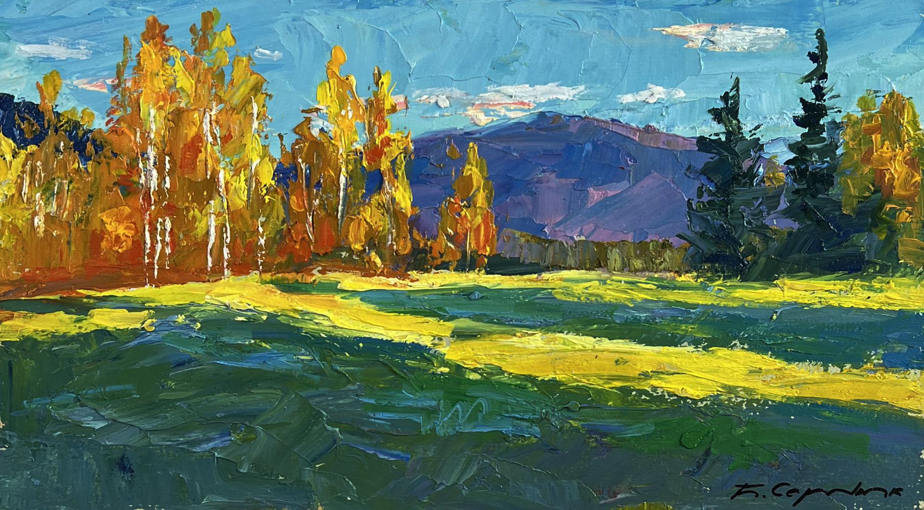 Oil painting Golden birch forest by Boris Serdyuk: vibrant autumn trees, mountains
