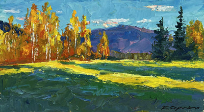 Oil painting Golden birch forest by Boris Serdyuk: vibrant autumn trees, mountains