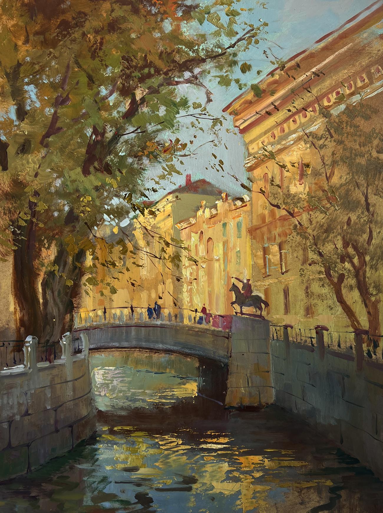 Oil painting of bronze equestrian statue on stone bridge by Yuriy Suprunchuk