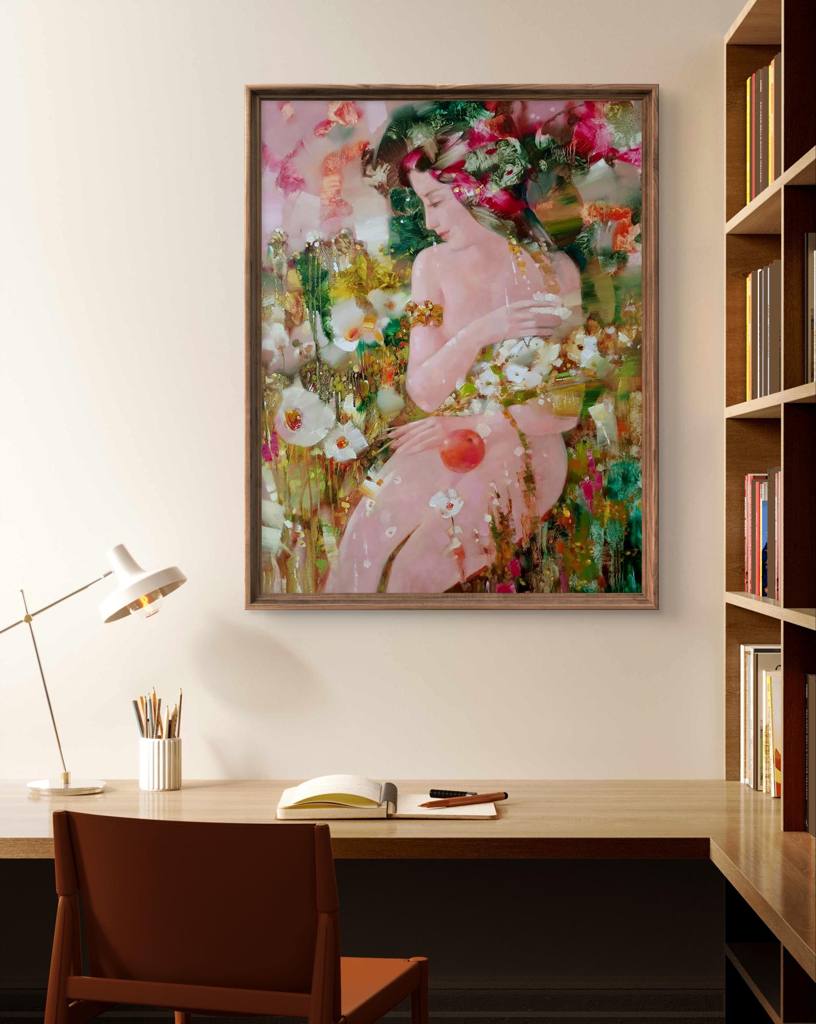 Framed Abstract oil painting Eve by Anatoly Tarabanov, nude woman in pink green white flowers