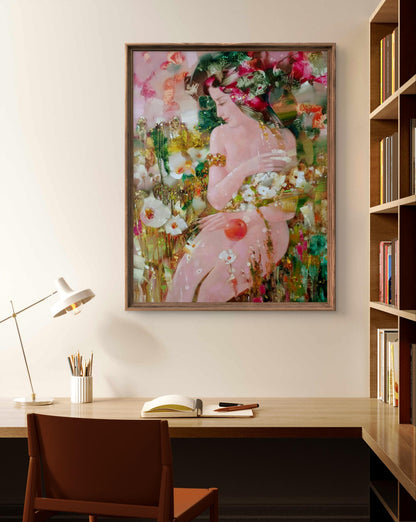 Framed Abstract oil painting Eve by Anatoly Tarabanov, nude woman in pink green white flowers