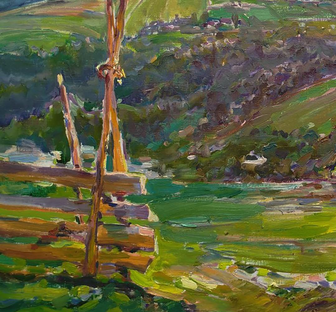 Vibrant impressionist oil painting by Leonid Pavlenko of rustic fence in rural mountains