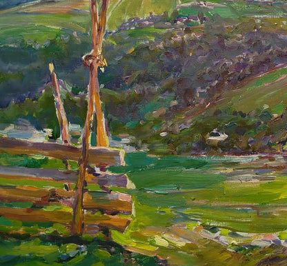 Vibrant impressionist oil painting by Leonid Pavlenko of rustic fence in rural mountains