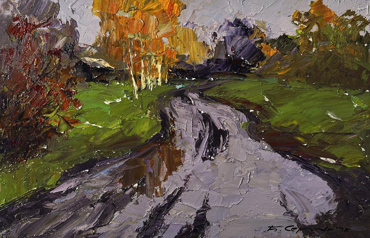 Impasto oil painting by Boris Serdyuk: rainy day road in autumn stream landscape