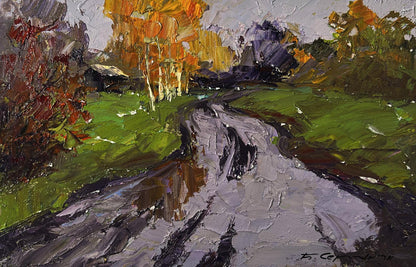 Impasto oil painting by Boris Serdyuk: rainy day road in autumn stream landscape